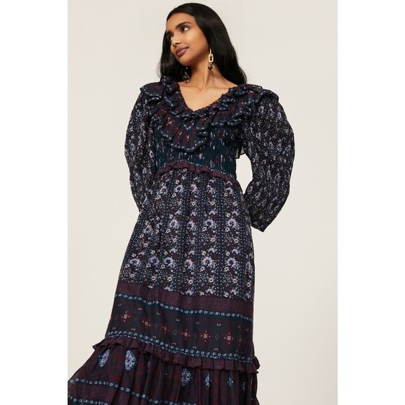 Sea Nadine Navy Blue Border Print Puff Sleeve Ruffled V-Neck Maxi Dress Size 14 - Picture 5 of 16